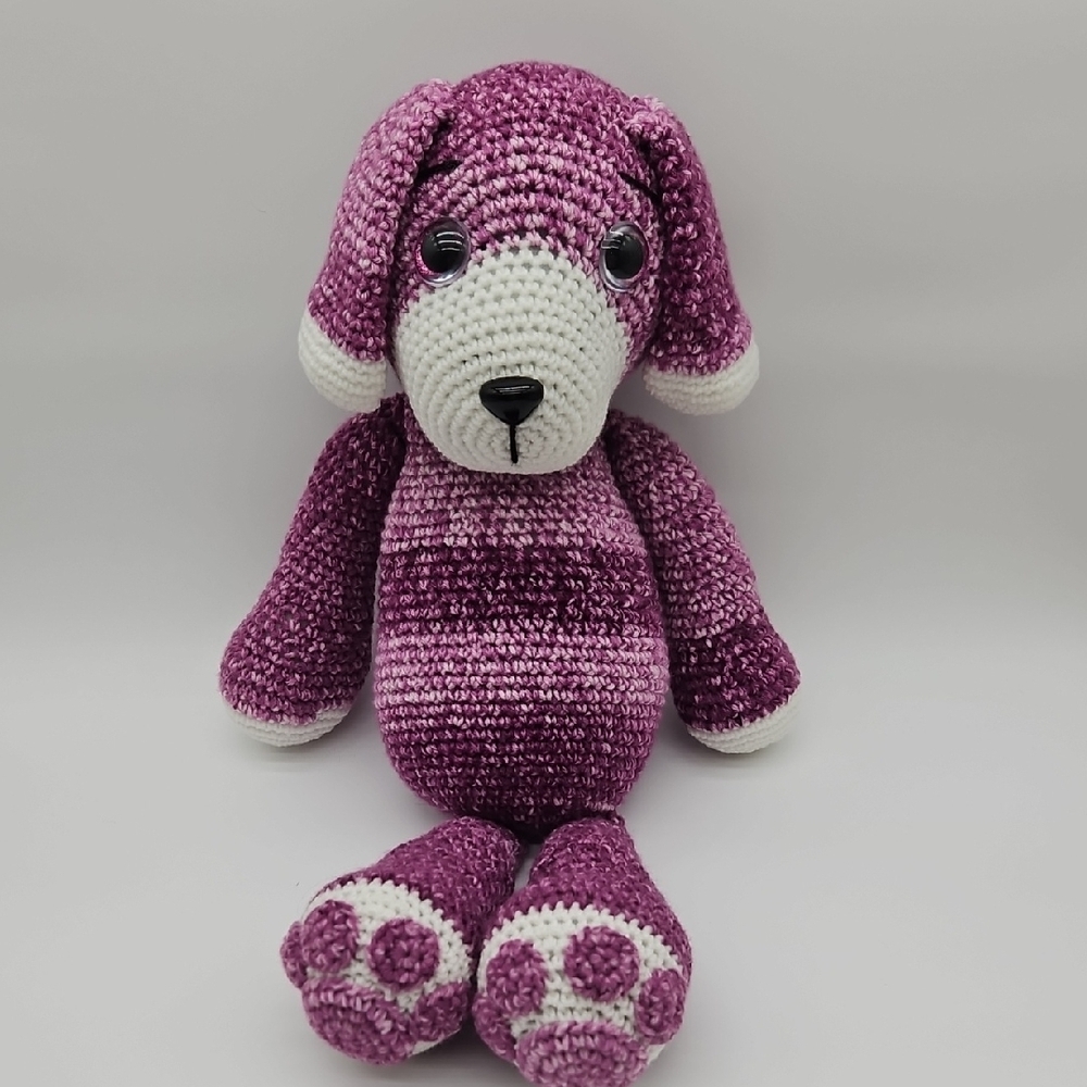 Purple and White Crochet Dog Plush Handmade Knit